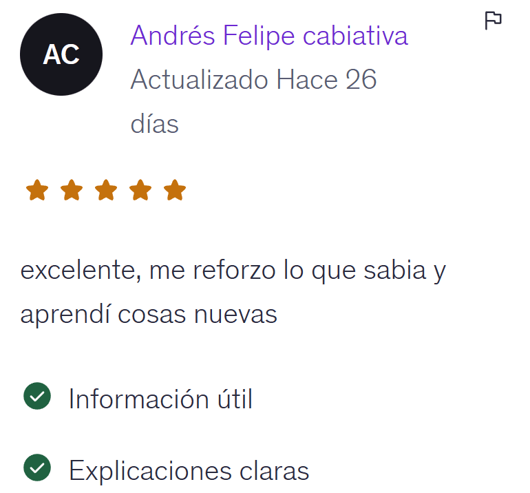 Reseña de cinco estrellas en Udemy de Andrés Felipe Cabiativa